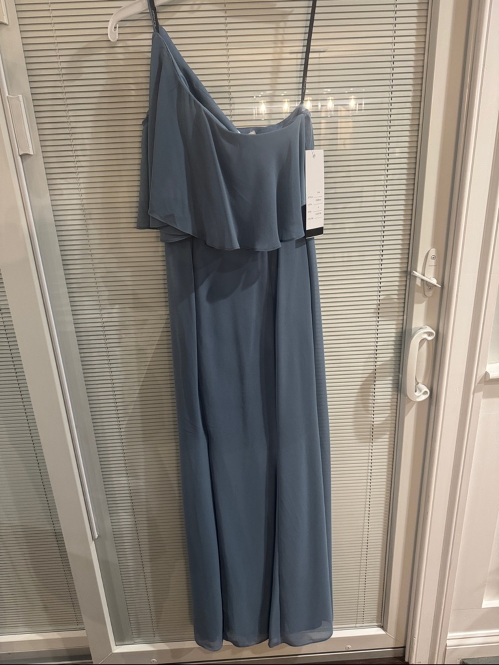 Levkoff Dusty Blue One-Shoulder Ruffle Gown
